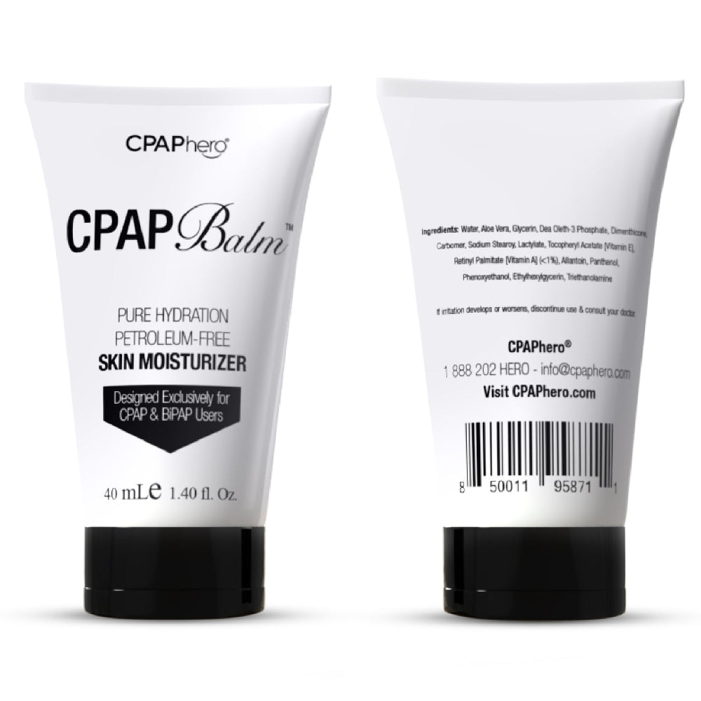 Front and back of a tube of cpaphero CPAP balm on a white background